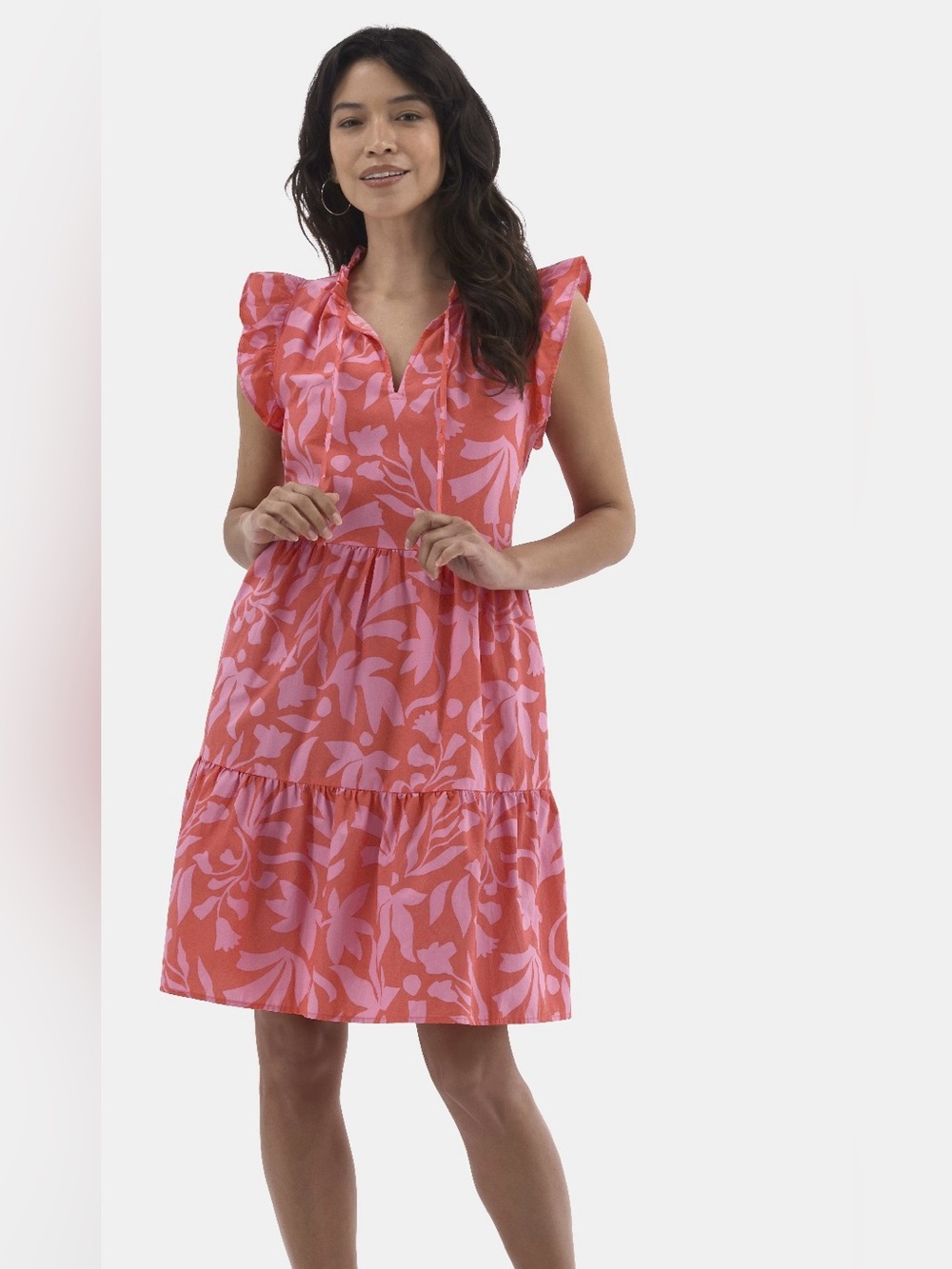 Time and Tru Coral and Pink Floral Ruffle-Sleeve Tiered Mini Dress